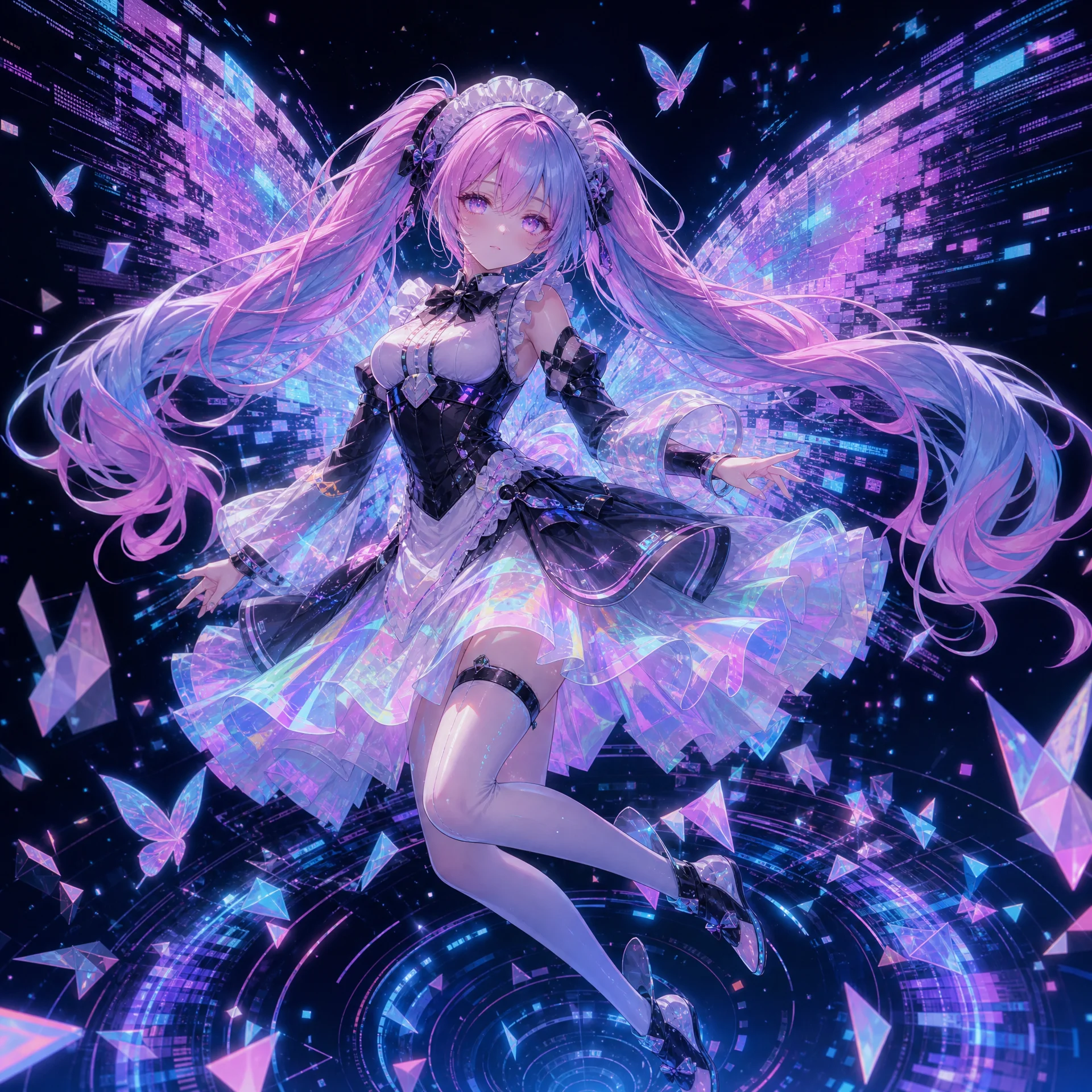 数字蝶舞风格双马尾少女在数据空间中飞舞的AI绘画作品